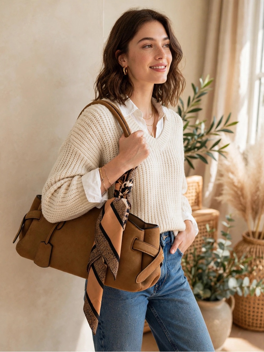 H&M Brown Shoulder Bag with Scarf Accent